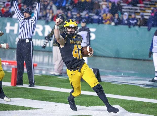 Del Oro's Dylan Kainrath celebrates a touchdown in Friday's 20-19 Sac-Joaquin Section comeback title win over Elk Grove. Del Oro will play Serra (San Mateo) at San Jose City College at 7:30 p.m. Friday in the Division I Regional Bowl title game. 