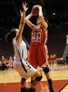Sophomore Julia Barcello was a force
throughout with 15 points and 15
rebounds for Seton Catholic.