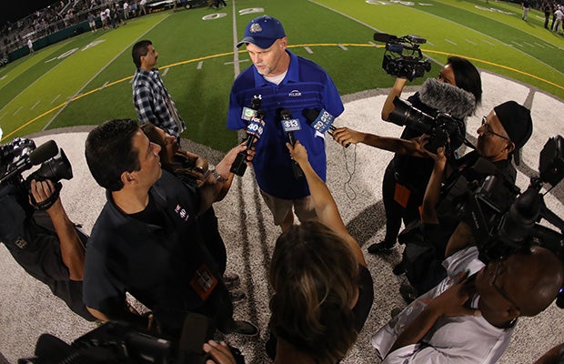 Folsom head coach Kris Richardson talks to the media following his team's loss.