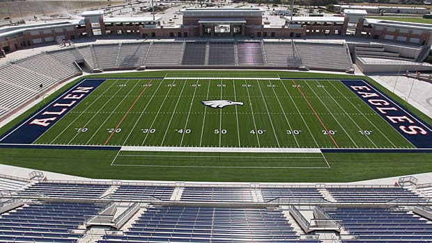 The new Eagle Stadium will seat 18,000 fans. The home side will have 9,000 seats, including 1,000 set aside for the Escadrille (band and color guard), 4,000 in the end zone for students and 5,000 seats for the visiting section.