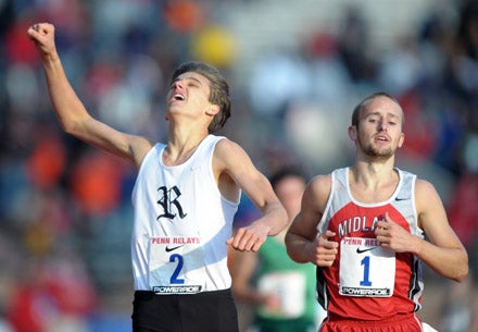 Craig Engels of Ronald Reagan defeats Jacob Burdham of Cabell Midland to win the championship mile 4:09.42 to 4:09.49.