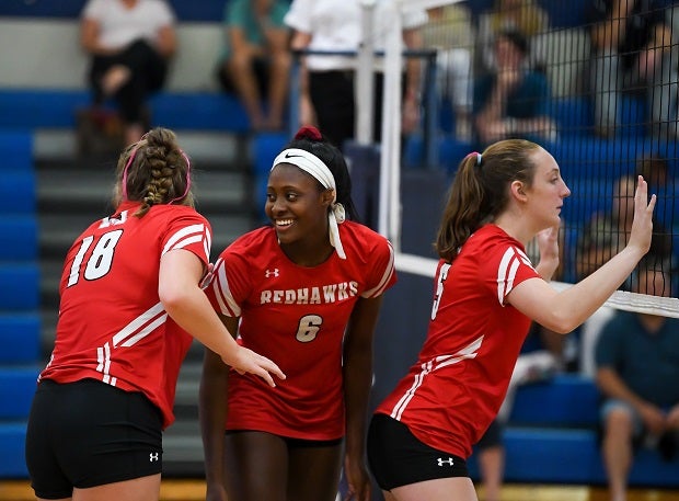 Cam Hannah (6) readies for a serve for No. 12 Marist.