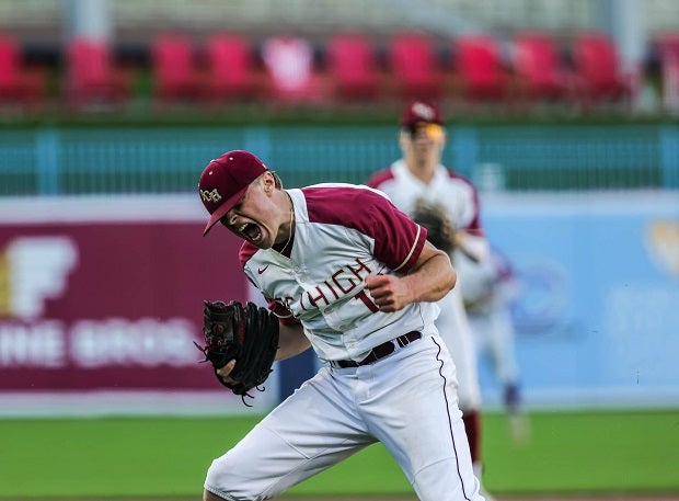 Boston College senior pitcher Sam Keene celebrates his final out in the top of the fifth to escape abases loaded jam against St. John's Shrewsbury while leading 2-1. Boston College won the 2024 MIAA Division 1 state finals 5-1. (Photo: Brian Kelly)