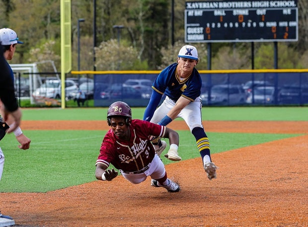 Xaverian shortstop Jackson Morse tags out Boston College's runner Chris Mondesir while attempting to slide back to first base. (Photo: Brian Kelly)