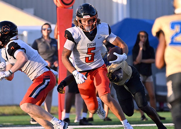 Central Florida commit Jayvan Boggs caught 11 passes for 222 yards and four touchdowns to help Cocoa beat Mainland 51-0 last week. Next up for the Tigers is IMG Academy.(Photo: Mark Fletcher)