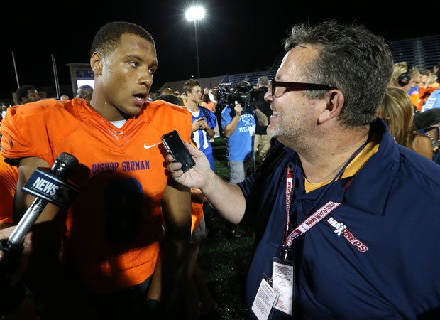 MaxPreps Senior Writer Mitch Stephens interviews Bishop Gorman tight end Alize Jones following the victory. Jones scored on the first play of the second half, an 80-yard pass from senior quarterback Danny Hong.