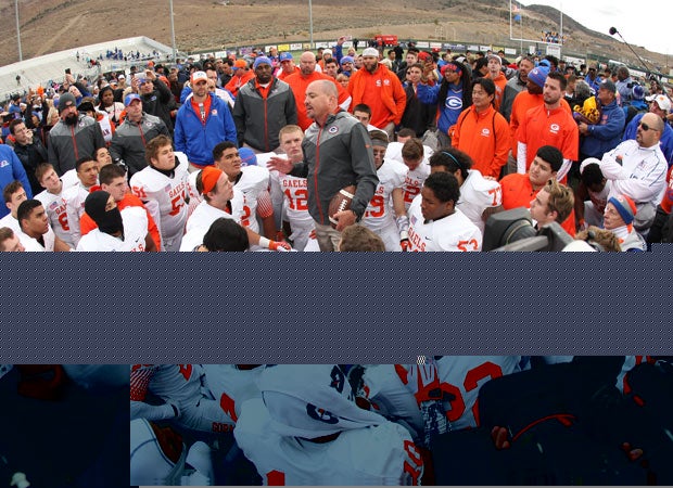 Bishop Gorman head coach Tony Sanchez addresses his team following their victory.