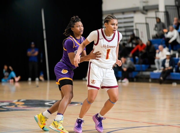 Bishop McNamara's Maddy McDaniel (1) and Montverde Academy's Jaloni Cambridge, seen battling at the Nike TOC, will play together on the Nike Hoops Summit team in April. USA Basketball announced the 12-player roster Thursday. (Photo: Darin Sicurello)