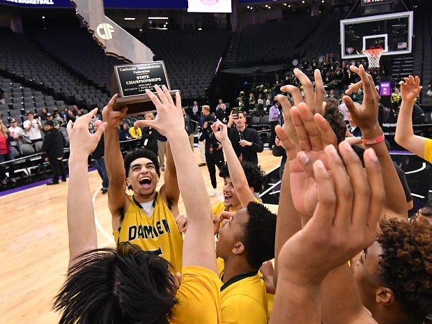 Damien celebrates its 65-57 CIF Division I state title victory Friday over Clovis North at Golden 1 Center in Sacramento.