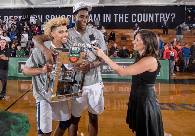 MaxPreps All-Americans Brian Bowen (left) and Jaren Jackson celebrate after winning the Dick's Nationals championship game.