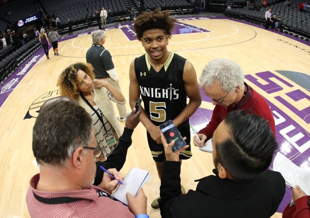 First team selection Ethan Thompson of Bishop Montgomery fields questions from reporters after winning California's Open Division state championship game.