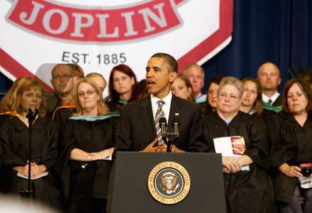 President Barack Obama addresses the senior class at Joplin High School on May 21.
