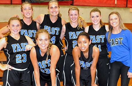 Team FAST, which has four team members from Oregon's West Linn High School, poses after a game at the End of the Oregon Trail tournament.