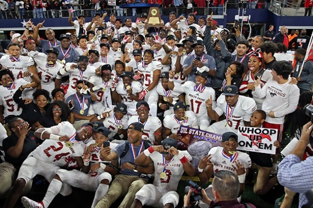 North Shore celebrates after winning the Texas Class 6A Division I state title on a Hail Mary as time expired.