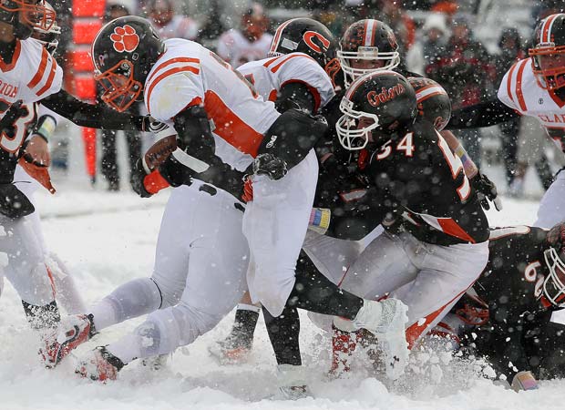 Port Allegany (Pa.) and Clarion Area battle during a snow storm in the District IX Class A title game in November.