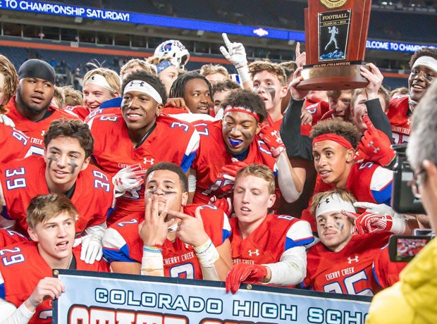 Cherry Creek celebrating its 2019 5A state championship.