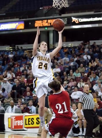 The skilled Sara James can use either hand to score.