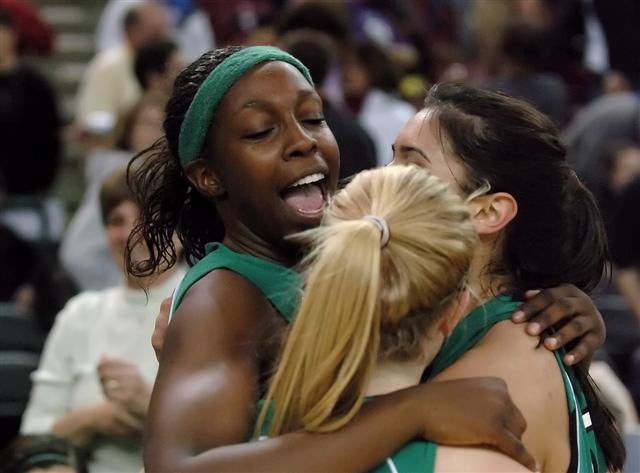 Chelsea Gray gets hugs after making game-winner.