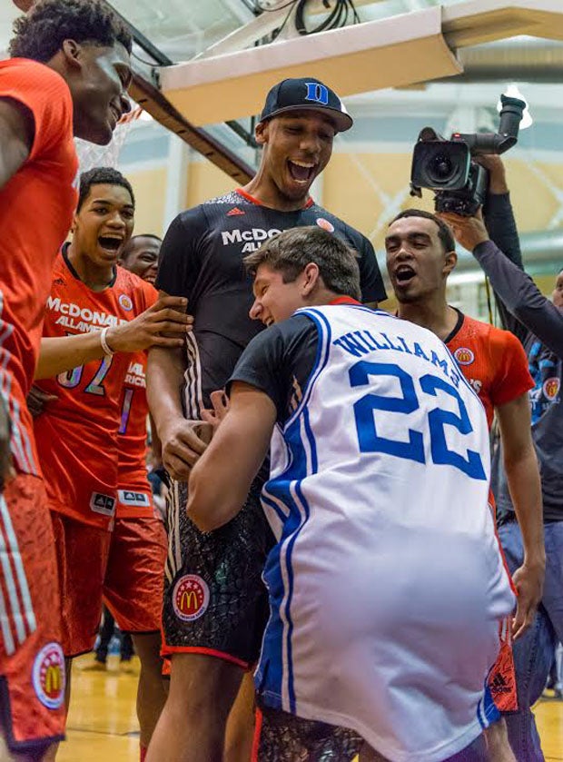 Grayson Allen bombarded by fellow McDonald's All Americans. 