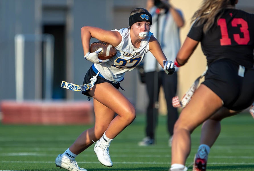 Western Christian junior Bailey Osborne broke a national flag football record for a single game with seven receiving touchdowns in a 72-0 win over United Christian Academy on Aug. 17, 2026. (PHOTO: Nathaniel Herbert)