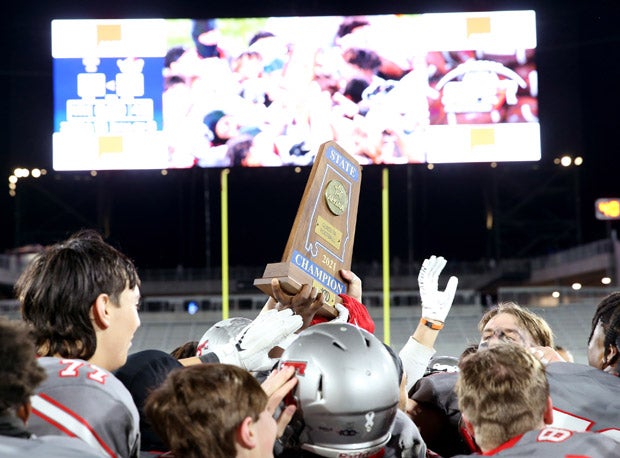 Thompson celebrates its third straight Alabama 7A championship following a 38-22 win over Central at Protective Stadium on the campus of the University of Alabama-Birmingham. 