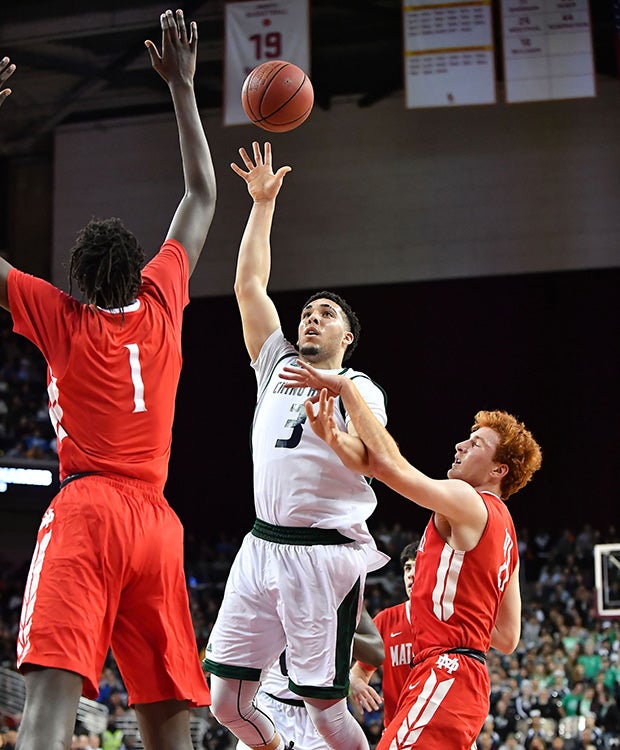 Chino Hills guard LiAngelo Ball takes a running shot over Mater Dei's Bol Bol.