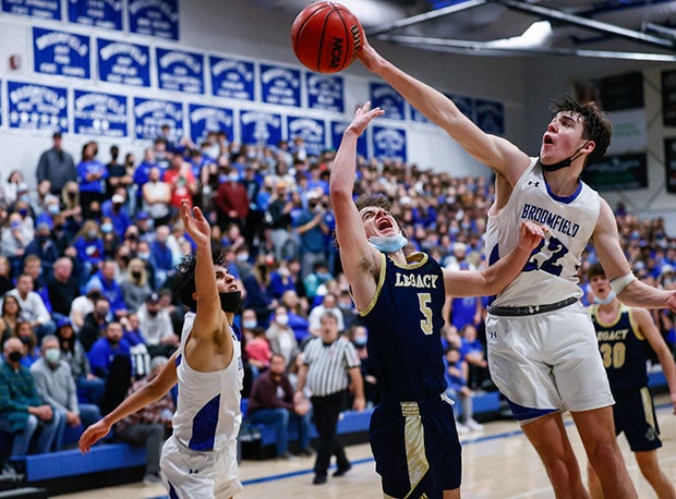 Quin Galka of Broomfield blocks a shot during a hotly-contested Front Range League contest against Legacy, which would get the last laugh with a 56-54 win.