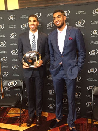 Jayson Tatum with Karl-Anthony Towns