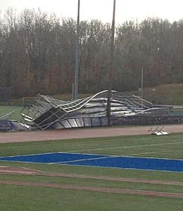The visitors grandstands at Brookfield (Conn.)
were demolished by Sandy.