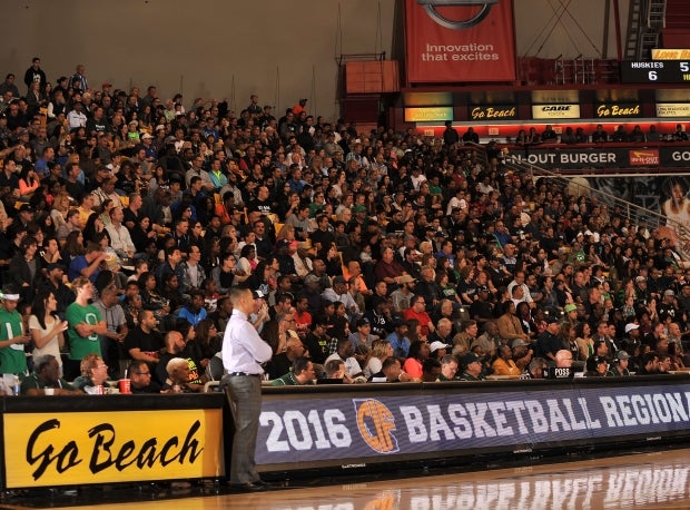 Chino Hills head coach Steve Baik looks on in front of a packed house in Long Beach.