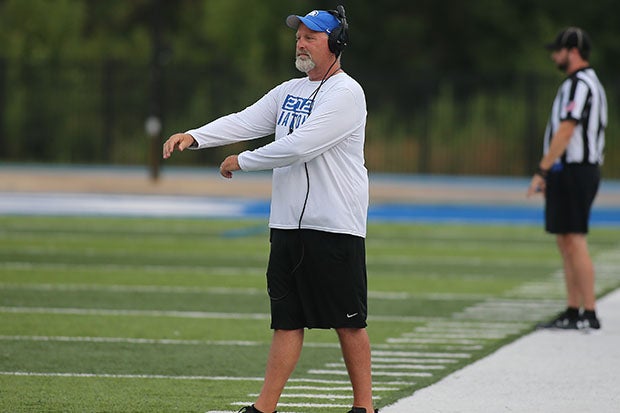 Bryant head coach Buck James patrols the sideline during last week's scrimmage with Pulaski Academy.