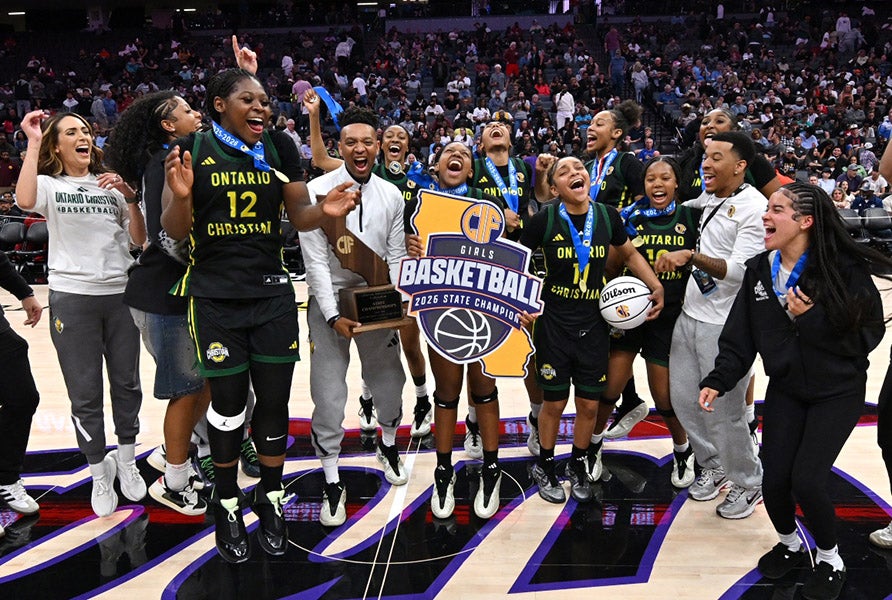 Ontario Christian celebrates Saturday after knocking off Archbishop Mitty in California's Open Division state final. (PHOTO: David Steutel)