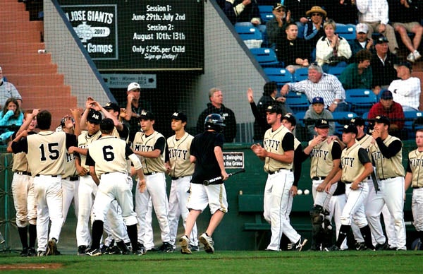 Archbishop Mitty celebrates a run during last year's CIF-Central Coast Section Division I final.