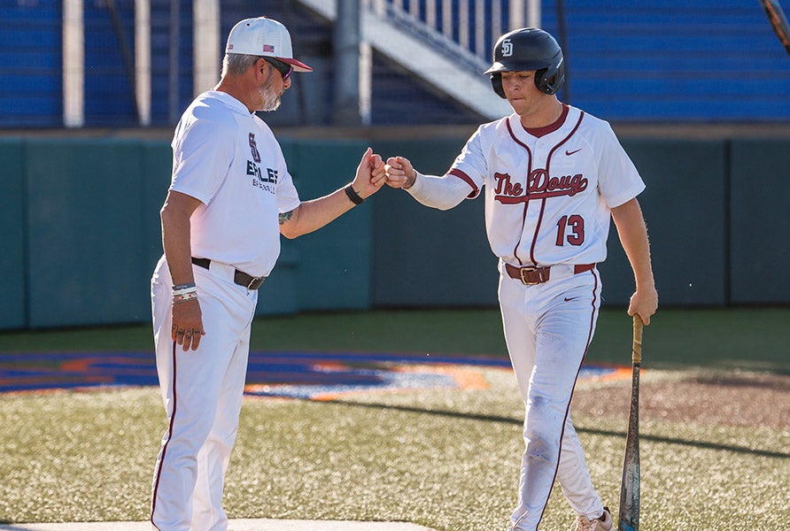 Senior Cade Raley (13) is one of the reasons five-time defending Florida state champion Stoneman Douglas returned to the MaxPreps Top 25 this week. Raley is batting .322 with a team-best 28 hits, 19 runs and 17 RBI, helping the Eagles win nine in a row. (PHOTO: Jenni Webber)