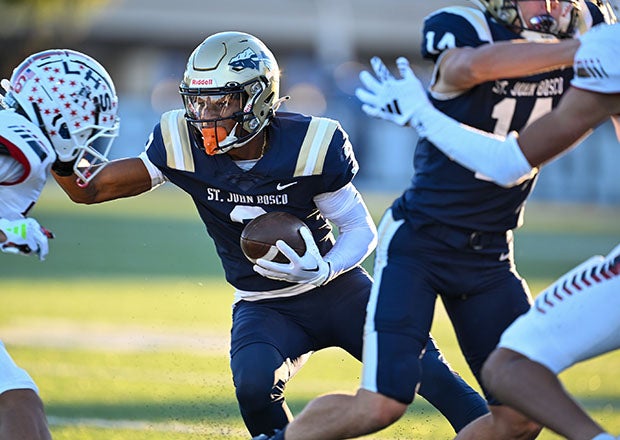 Likely to be one of the most highly-recruited wide receivers in the sophomore class nationally, Daniel Odom helped St. John Bosco open things up in the first half on a 40-yard touchdown reception. (Photo: Chris Harris)