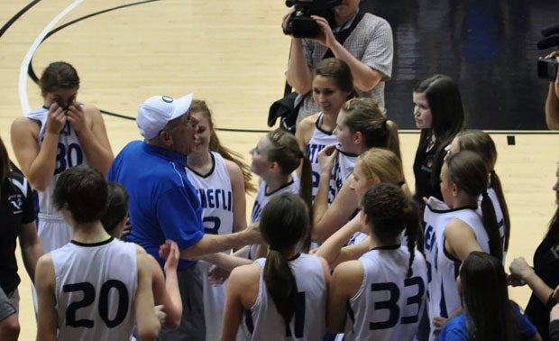 Coach Bill Spelgatti on the bench in the waning moments of the 2014 state championship game.