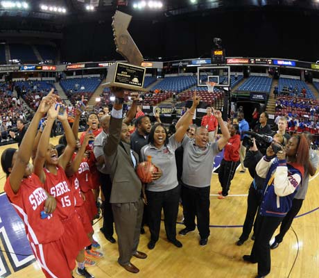 Serra celebrates its first state girls championship after a 62-60 win over Salesian Saturday at Sleep Train Arena in Sacramento.