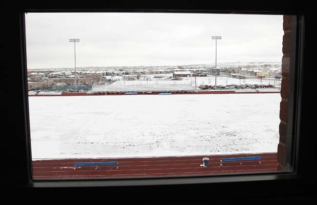 This view shows the Valor Christian field covered in snow from a window in the press box.