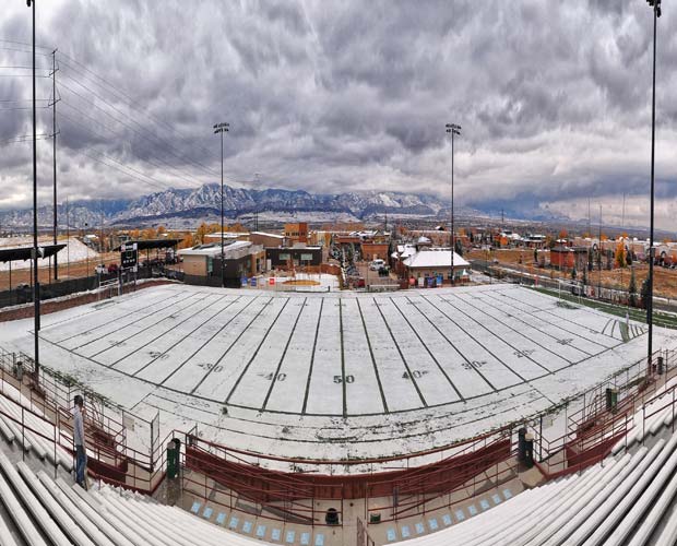 In this photo the Rocky Mountains are seen from Shea Stadium in Highlands Ranch.