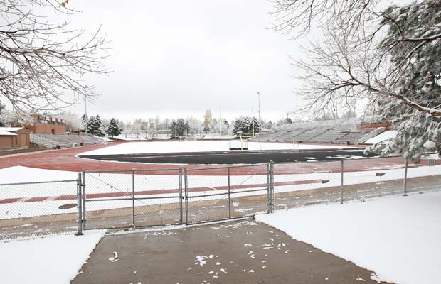 Stutler Bowl at Cherry Creek High School in Greenwood Village is covered in snow last Thursday.