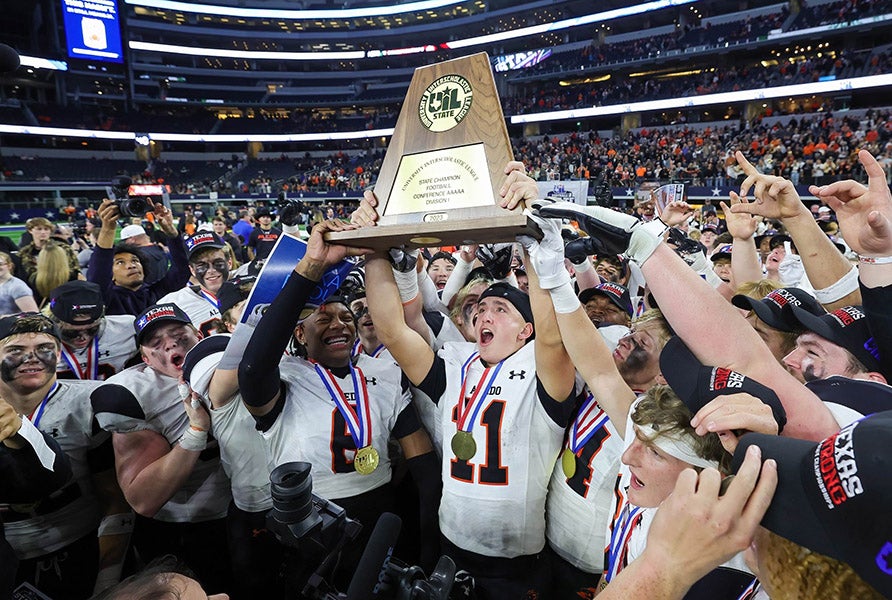 Aledo celebrates its state-record 12th and last state championships in 2023. The Bearcats won 11 state crowns in 15 seasons between 2009 and 2023. (PHOTO: Robbie Rakestraw)