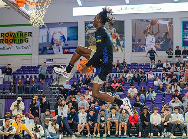 Johnson threw down a between the legs slam to seal the victory in the 2024 City of Palms Classic slam dunk contest. (Photo: Eugene Alonzo)