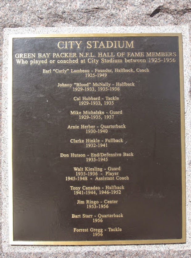 This monument in the stadium shows all the Packers players who played or coached at City Stadium and are enshrined in the Pro Football Hall of Fame.