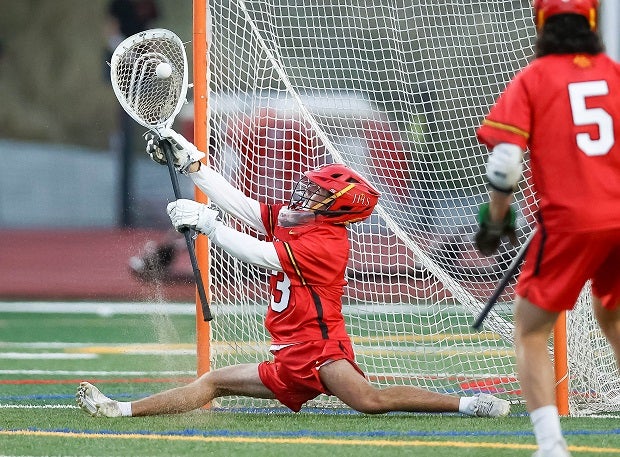 The Goalie from Jesuit Nate Guerrero makes a save against Monte Vista in first-round action of the North Coast Section Division 1 postseason.