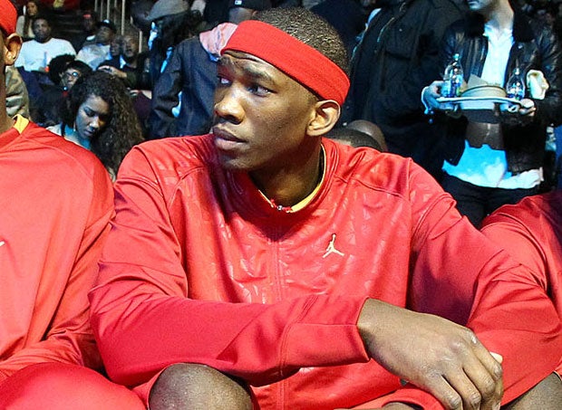 A native of Cameroon, Joel Embiid waits to be introduced to the crowd at Barclays Center as part of the Jordan Brand Classic.