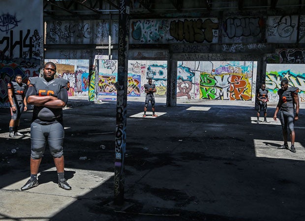 Several top players for Booker T. Washington pose during a photo shoot at the Miami Art District.