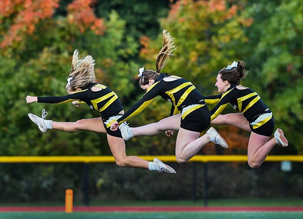 Honeoye Falls-Lima (N.Y.) cheerleaders perform during halftime of the their game against University Prep.