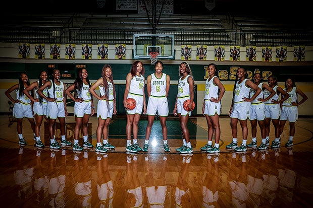 Three of the top 75 senior prospects in the country in Tionna Herron, Sa'Myah Smith and Amina Muhammad (center, left to right) will lead DeSoto's quest for state and national titles this season.