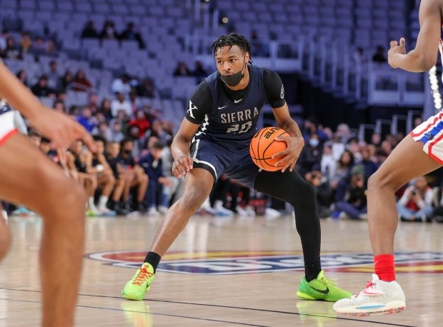 Bronny James handling the ball in Sierra Canyon's lone loss against Duncanville.