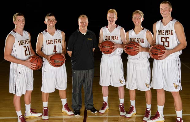 Lone Peak head coach Quincy Lewis has four returning starters among his top five players (left to right): Talon Shumway, Nick Emery, T.J. Haws, Connor Toolson and Eric Mika, who had to sit out last season after transferring.   